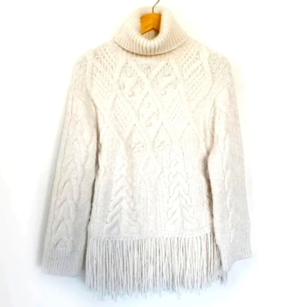 Zara Cream Cable-Knit Turtleneck Sweater with Fringe - Picture 3 of 9